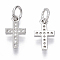 Brass Micro Pave Cubic Zirconia Tiny Cross Charms, with Jump Ring, Nickel Free, Clear, Real Platinum Plated, 12x7x1.5mm, Hole: 3mm
