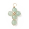 Natural Green Aventurine Copper Wire Wrapped Pendants, Religion Cross Charms, with Brass Beads, Light Gold, 29.5~30x16.5~17x6.5~7mm, Hole: 3.5~4mm