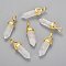 Natural Quartz Crystal Double Terminated Pointed Pendants, Rock Crystal, with Random Alloy Pendant Hexagon Bead Cap Bails, Golden, Bullet, 37~40x12.5x10mm, Hole: 3x4.5mm