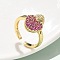 Sacred Heart Brass Micro Pave Cubic Zirconia Cuff Rings for Women, Cadmium Free & Lead Free, Rack Plating, Real 18K Gold Plated, Deep Pink, US Size 6 1/4(16.7mm)