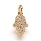 Brass Micro Pave Cubic Zirconia Charms Pendants, Hamsa Hand/Hand of Fatima, Golden, 12.5x8x2mm, Hole: 3mm