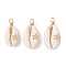 Copper Wire Wrapped Natural Cowrie Shell Pendants, with Brass Slices, Golden, Star, 24~28x12~15.5x7~8.5mm, Hole: 2.6mm