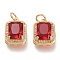 Brass Glass Charms, with Micro Pave Clear Cubic Zirconia and Jump Ring, Rectangle, Real 18K Gold Plated, Red, 14.5x10.5x5mm, Hole: 3.4mm