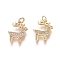 Brass Charms, with Clear Cubic Zirconia and Jump Rings, Christmas Reindeer/Stag, Golden, 15x12x1.5mm, Hole: 2.5mm
