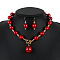 ABS Plastic Imitation Pearl Round Beaded Pendant Necklaces & Dangle Earrings Sets for Women, Red, 470mm