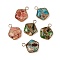 Natural Imperial Jasper Pendants, Dyed, Brass Pentagon Charms, Light Gold, Mixed Color, 20x16x4.5~5mm, Hole: 2.5mm