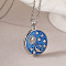 Brass Micro Pave Clear Cubic Zirconia with Blue Enamel Flat Round Pendant Necklaces, Platinum, Sun, 18.11 inch(46cm)