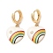 Heart with Rainbow Real 18K Gold Plated Brass Dangle Hoop Earrings, with Cubic Zirconia and Enamel, WhiteSmoke, 34.5x18mm