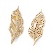 Brass Micro Pave Clear Cubic Zirconia Connector Charms, Leaf Links, Real 18K Gold Plated, Cadmium Free & Nickel Free & Lead Free, 27.5x10x2mm, Hole: 1mm