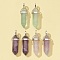6Pcs 3 Styles Natural Mixed Stone Double Terminated Pointed Pendants, Natural Amethyst & Colorful Fluorite & Green Fluorite, Faceted Bullet Charm, with Random Alloy Pendant Hexagon Bead Cap Bails, Platinum, 37~40x12mm, Hole: 3x4mm, 2pcs/style