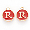 Golden Plated Alloy Enamel Charms, Cadmium Free & Lead Free, Enamelled Sequins, Flat Round, Red, Letter.R, 14x12x2mm, Hole: 1.5mm
