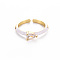 Brass Enamel Cuff Rings, Open Rings, Solitaire Rings, with Clear Cubic Zirconia, Nickel Free, Teardrop, Golden, White, US Size 7(17.3mm)