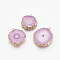 Natural Dyed Quartz Pendants, Solar Quartz, with Golden Plated Edge Brass Findings, Flat Round, Plum, 25~42x22~23x4~6mm, Hole: 2.5mm
