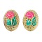 Rack Plating Brass Enamel Beads, Cadmium Free & Lead Free, Oval with Flower, Real 18K Gold Plated, Long-Lasting Plated, Hot Pink, 19.5~20x14~14.5x10.5m~11.5m, Hole: 1.6mm