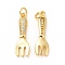 Rack Plating Brass Micro Pave Cubic Zirconia Tableware Pendants, Cadmium Free & Lead Free, Fork Charm, with Jump Ring, Real 18K Gold Plated, 24.7x7.5x3mm, Hole: 3.4mm