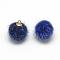 Faux Mink Fur Covered Charms, with Golden Tone Brass Findings, Round, Blue, 12~14x10mm, Hole: 1.5mm