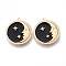 Brass Micro Pave Clear Cubic Zirconia Pendants, with Enamel, Nickel Free, Real 18K Gold Plated, Flat Round with Moon & Star, Black, 25x22.5x3mm, Hole: 1.4mm