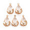 Transparent Glass Pendants, for DIY Jewelry Making, with Brass Findings, Faceted, Teardrop with Flower, Light Gold, Clear, 16x9x6mm, Hole: 1.2mm