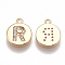 Brass Cubic Zirconia Charms, Flat Round with Letter, Nickel Free, Real 18K Gold Plated, Clear, Letter.R, 12x10x2mm, Hole: 1mm