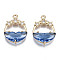 Faceted Transparent Glass Pendants, with Brass Crystal Rhinestone Findings, Flat Round with Star, Light Gold, Royal Blue, 21x15x5mm, Hole: 1.4mm