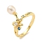 Natural Pearl Finger Ring, with Brass and Rhinestone Finding for Women, Nickel Free, Real 14K Gold Plated, Inner Diameter: 18mm