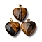 Natural Tiger Eye Pendants, Heart Charms with 201 Stainless Steel Snap on Bails, Golden, Ion Plating(IP), 28.5~29.5x25~25.5x8~8.5mm, Hole: 5.5x3.5mm