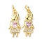 Brass Pink Cubic Zirconia Pendant, with Jump Rings, Long-Lasting Plated, Lead Free & Cadmium Free, Children, Real 18K Gold Plated, 22x9x2.5mm, Hole: 3.4mm