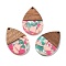 Resin and Walnut Pendants, Teardrop, Pink, 36.5x24.5x2.5mm, Hole: 2mm