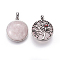 Natural Rose Quartz Pendants, with Brass Findings and Rhinestone, Half Round with Tree of Life and Owl, 31x27x10~11mm, Hole: 5x7mm