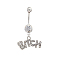 Platinum Plated Piercing Jewelry Brass Cubic Zirconia Navel Ring Navel Ring Belly Rings, with 304 Stainless Steel Bar, Word Bitch, 23x40mm, Bar Length: 3/8