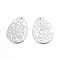 Non-Tarnish 201 Stainless Steel Pendants, Textured, teardrop, with Floral Pattern , Stainless Steel Color, 24x16x0.8mm, Hole: 1mm