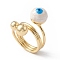 Enamel Round with Evil Eye Finger Rings, Real 18K Gold Plated Brass Wrap Style Ring for Women, Cadmium Free & Nickel Free & Lead Free, White, 5.5~19.5mm, Inner Diameter: 18mm