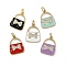 Brass Enamel Pendants, Handbag with Bowknot, with Cubic Zirconia, Real 18K Gold Plated, Rack Plating, Long-Lasting Plated, Cadmium Free & Lead Free, with Jump Ring, Mixed Color, 16x12x2mm, Hole: 3mm