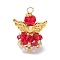 Glass Pendants, Angle, with Alloy Wing Beads & Iron Loop, Faceted, Red, 30x21.5x16mm, Hole: 2.2~3.6mm