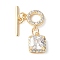 Brass Pave Clear Cubic Zirconia Toggle Clasps, Cadmium Free & Nickel Free & Lead Free, Ring with Square, Real 18K Gold Plated, 24mm, Hole: 1.2mm, sqare: 10x8x5mm, hole: 1.25mm, bar: 15x4x1.5mm, hole: 1.2mm