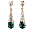 Real 18K Gold Plated Brass Rhinestone Teardrop Stud Earrings, Emerald, 46x10mm