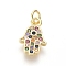 Brass Micro Pave Cubic Zirconia Charms, with Jump Rings, Hamsa Hand/Hand of Miriam, Colorful, Golden, 11.5x7.5x1.5mm, Hole: 2.5mm
