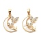 Brass Micro Pave Cubic Zirconia Pendants, Cadmium Free & Nickel Free & Lead Free, with Shell, Moon with Butterfly Charms, Real 18K Gold Plated, 18x13.5x2.5mm, Hole: 5x2.5mm