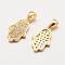Brass Micro Pave Grade AAA Cubic Zirconia Charms, Long-Lasting Plated, Hamsa Hand/Hand of Fatima/Hand of Miriam, Cadmium Free & Nickel Free & Lead Free, Real 18K Gold Plated, 14x9x2mm, Hole: 3x4mm