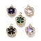 Brass Pave Glass Connector Charms, Golden, Faceted, Flower Links, Cadmium Free & Nickel Free & Lead Free, Mixed Color, 16x11.5x3.8mm, Hole: 1.4mm