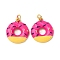 Brass Enamel Pendants, with Jump Ring, Donut Charm, Golden, Hot Pink, 19.5x16.5x3.5mm, Hole: 3.5mm