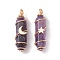Natural Amethyst Copper Wire Wrapped Pointed Pendants, Faceted Bullet Charms with Light Gold Tone Star & Moon Brass Beads, 36~37.5x10~10.5x11~12mm, Hole: 3.5~4mm, 2pcs/set