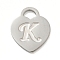 Non-Tarnish 304 Stainless Steel Pendants, Laser Cut, Heart with Letter Charm, Stainless Steel Color, Letter K, 15x12x1mm, Hole: 3x3.5mm