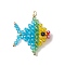 Glass Woven Pendants, Fish with 304 Stainless Steel Open Jump Rings Golden Loop and Natural Black Onyx, Colorful, 41x34x14mm, Hole: 4.5mm