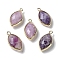 Natural Lepidolite/Purple Mica Stone Pendants, with Platinum Brass Edge, Faceted, Horse Eye, 22x12x5.5mm, Hole: 1.8mm