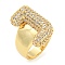 Brass Micro Pave Clear Cubic Zirconia Letter Open Cuff Ring for Women, Real 18K Gold Plated, Letter J, 23x14mm, Inner Diameter: 21mm