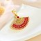 Brass Micro Pave with Enamel Pendants, Fan Charms, Golden, Red, 15x21x2mm