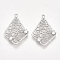 Brass Filigree Pendants, with Cubic Zirconia, Rhombus, Clear, Nickel Free, Real Platinum Plated, 26.5~27.5x18~19x2.5mm, Hole: 1.2mm