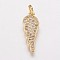 Brass Cubic Zirconia Pendants, Wing, Golden, 20x8x1.5mm, Hole: 3mm