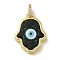Rack Plating Brass Pendants, with Resin Imitation Opal & Glitter, Long-Lasting Plated, Lead Free & Cadmium Free,Hamsa Hand with Evil Eye, Black, 19.5x14.5x5mm, Hole: 3mm